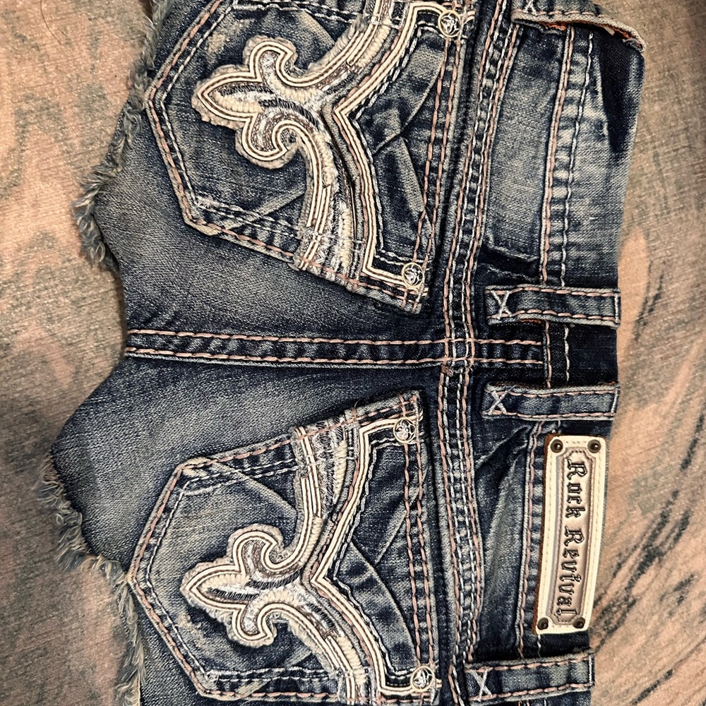 Rock Revival Blue Distressed Jean Shorts - Picture 2 of 5